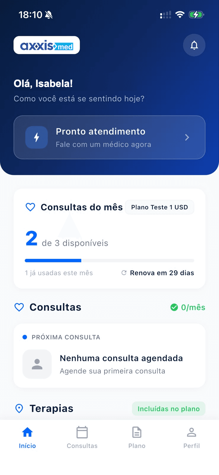 Tela inicial do aplicativo AxxisMed